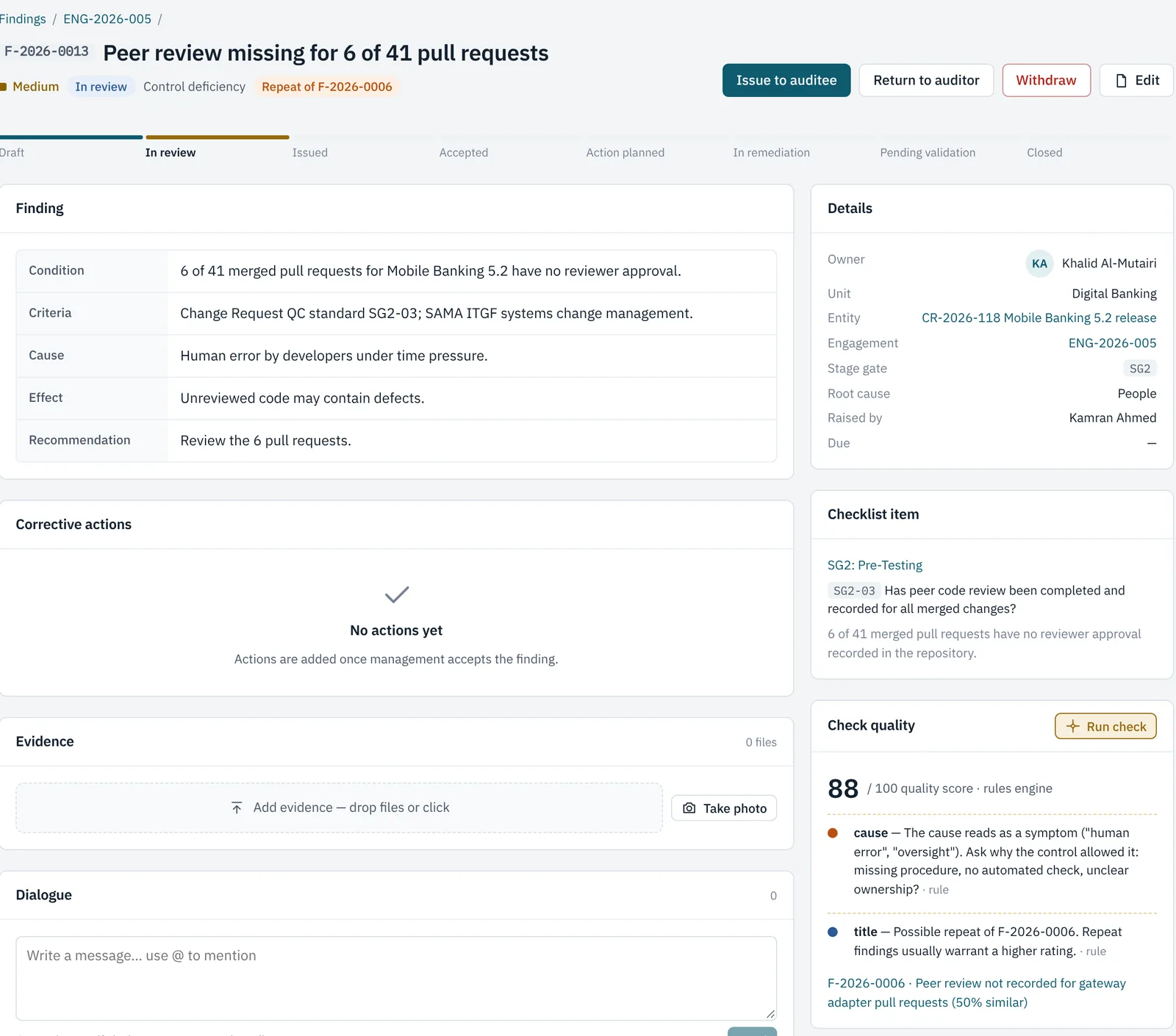 Finding quality check: the AI flags a root cause that reads as a symptom and links a possible repeat finding.