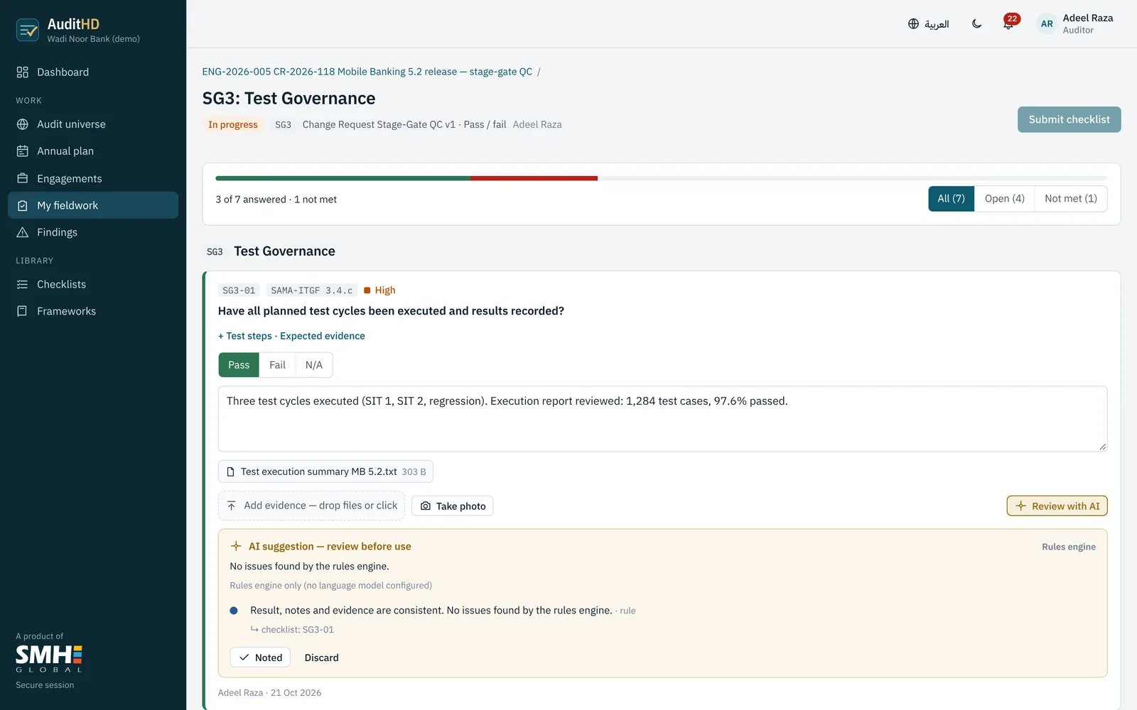 An AI suggestion on a checklist item, marked "review before use", with the evidence it checked.