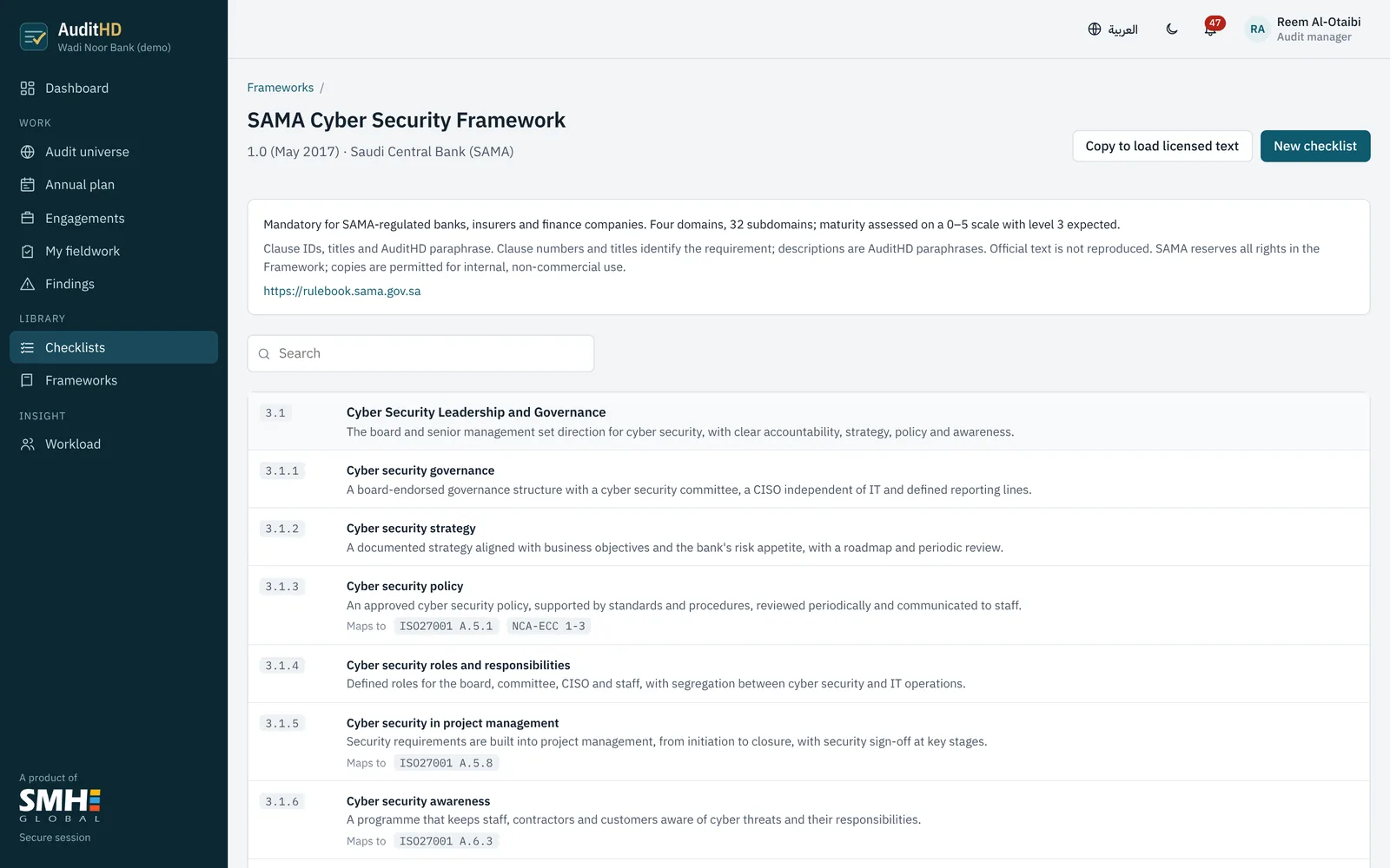 SAMA Cyber Security Framework in the library: each subdomain with its description and mapped ISO 27001 and NCA ECC controls.